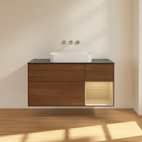 VILLEROY BOCH Finion Waschbeckenunterschrank, mit Beleuchtung, 3 Auszüge, 1200 x 603 x 501 mm, Walnut Veneer / Oak Veneer / Glass Black Matt #F712PCGN, Bild 2