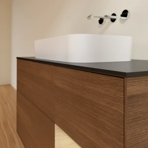 VILLEROY BOCH Finion Waschbeckenunterschrank, mit Beleuchtung, 3 Auszüge, 1200 x 603 x 501 mm, Walnut Veneer / Oak Veneer / Glass Black Matt #F712PCGN, Bild 4