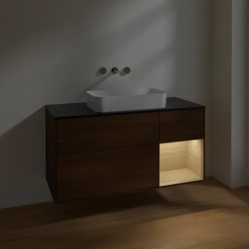 VILLEROY BOCH Finion Waschbeckenunterschrank, mit Beleuchtung, 3 Auszüge, 1200 x 603 x 501 mm, Walnut Veneer / Oak Veneer / Glass Black Matt #F712PCGN, Bild 3