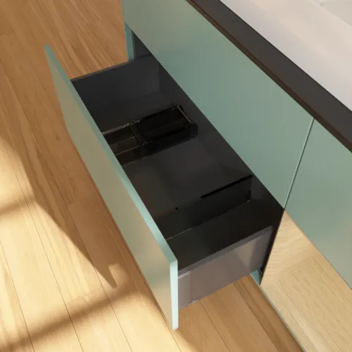 Bild von VILLEROY BOCH Finion Waschbeckenunterschrank, mit Beleuchtung, 3 Auszüge, 1200 x 603 x 501 mm, Olive Matt Lacquer / Oak Veneer / Glass Black Matt #F712PCGM
