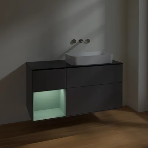 Bild von VILLEROY BOCH Finion Waschbeckenunterschrank, mit Beleuchtung, 3 Auszüge, 1200 x 603 x 501 mm, Anthracite Matt Lacquer / Olive Matt Lacquer / Glass Black Matt #F682GMGK