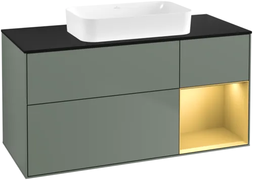 Picture of VILLEROY BOCH Finion Vanity unit, with lighting, 3 pull-out compartments, 1200 x 603 x 501 mm, Olive Matt Lacquer / Gold Matt Lacquer / Glass Black Matt #F712HFGM