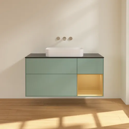 Bild von VILLEROY BOCH Finion Waschbeckenunterschrank, mit Beleuchtung, 3 Auszüge, 1200 x 603 x 501 mm, Olive Matt Lacquer / Gold Matt Lacquer / Glass Black Matt #F712HFGM