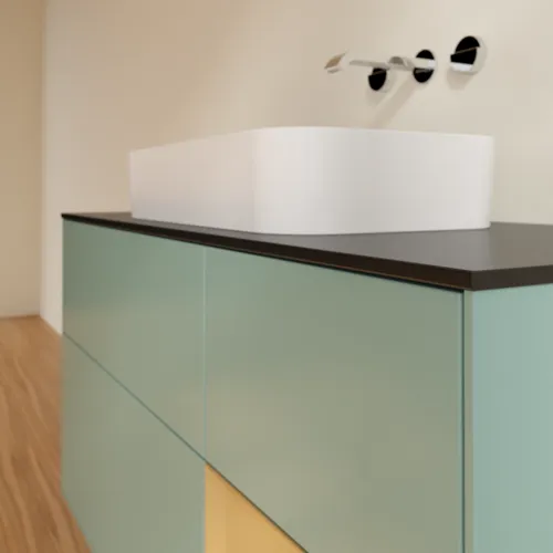 Bild von VILLEROY BOCH Finion Waschbeckenunterschrank, mit Beleuchtung, 3 Auszüge, 1200 x 603 x 501 mm, Olive Matt Lacquer / Gold Matt Lacquer / Glass Black Matt #F712HFGM