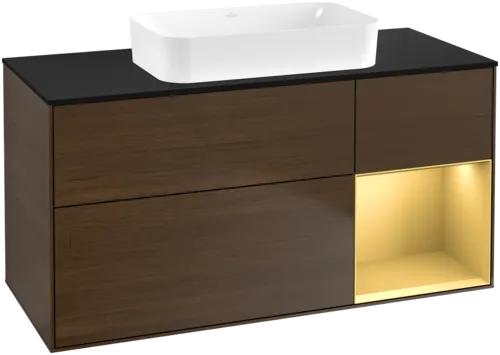 Picture of VILLEROY BOCH Finion Vanity unit, with lighting, 3 pull-out compartments, 1200 x 603 x 501 mm, Walnut Veneer / Gold Matt Lacquer / Glass Black Matt #F712HFGN