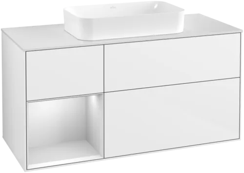 Зображення з  VILLEROY BOCH Finion Vanity unit, with lighting, 3 pull-out compartments, 1200 x 603 x 501 mm, Glossy White Lacquer / White Matt Lacquer / Glass White Matt #F701MTGF