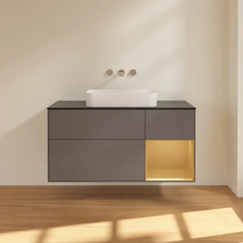 VILLEROY BOCH Finion Waschbeckenunterschrank, mit Beleuchtung, 3 Auszüge, 1200 x 603 x 501 mm, Anthracite Matt Lacquer / Gold Matt Lacquer / Glass Black Matt #F712HFGK, Bild 3