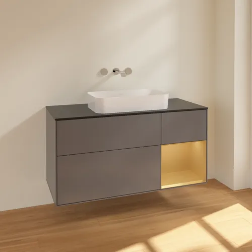 VILLEROY BOCH Finion Waschbeckenunterschrank, mit Beleuchtung, 3 Auszüge, 1200 x 603 x 501 mm, Anthracite Matt Lacquer / Gold Matt Lacquer / Glass Black Matt #F712HFGK, Bild 2