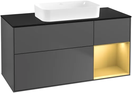 Picture of VILLEROY BOCH Finion Vanity unit, with lighting, 3 pull-out compartments, 1200 x 603 x 501 mm, Anthracite Matt Lacquer / Gold Matt Lacquer / Glass Black Matt #F712HFGK