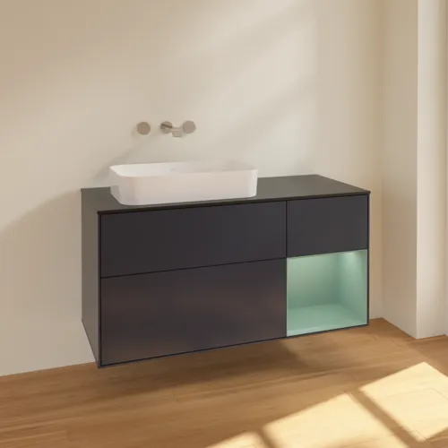 Bild von VILLEROY BOCH Finion Waschbeckenunterschrank, mit Beleuchtung, 3 Auszüge, 1200 x 603 x 501 mm, Midnight Blue Matt Lacquer / Olive Matt Lacquer / Glass Black Matt #F692GMHG