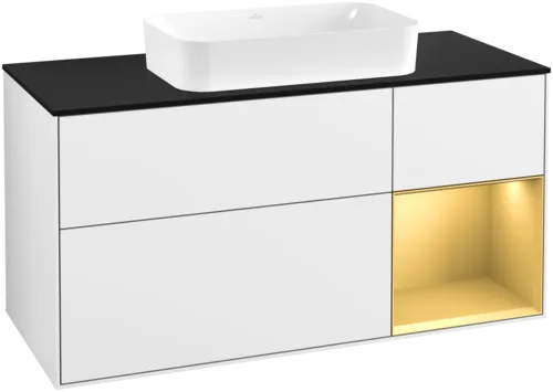 VILLEROY BOCH Finion Vanity unit, with lighting, 3 pull-out compartments, 1200 x 603 x 501 mm, Glossy White Lacquer / Gold Matt Lacquer / Glass Black Matt #F712HFGF resmi