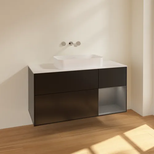 Bild von VILLEROY BOCH Finion Waschbeckenunterschrank, mit Beleuchtung, 3 Auszüge, 1200 x 603 x 501 mm, Black Matt Lacquer / Anthracite Matt Lacquer / Glass White Matt #F711GKPD