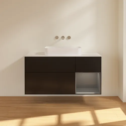 Bild von VILLEROY BOCH Finion Waschbeckenunterschrank, mit Beleuchtung, 3 Auszüge, 1200 x 603 x 501 mm, Black Matt Lacquer / Anthracite Matt Lacquer / Glass White Matt #F711GKPD