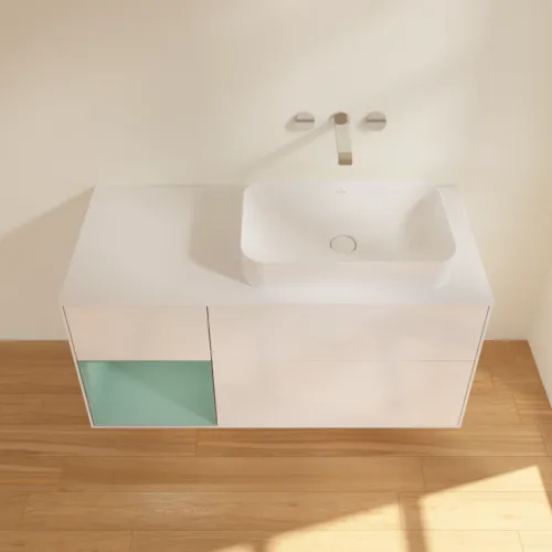 Bild von VILLEROY BOCH Finion Waschbeckenunterschrank, mit Beleuchtung, 3 Auszüge, 1200 x 603 x 501 mm, Glossy White Lacquer / Olive Matt Lacquer / Glass White Matt #F681GMGF