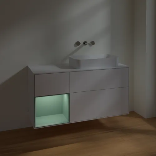 Bild von VILLEROY BOCH Finion Waschbeckenunterschrank, mit Beleuchtung, 3 Auszüge, 1200 x 603 x 501 mm, Glossy White Lacquer / Olive Matt Lacquer / Glass White Matt #F681GMGF