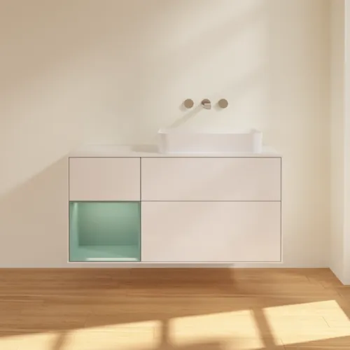 Bild von VILLEROY BOCH Finion Waschbeckenunterschrank, mit Beleuchtung, 3 Auszüge, 1200 x 603 x 501 mm, Glossy White Lacquer / Olive Matt Lacquer / Glass White Matt #F681GMGF