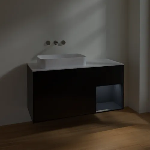 Bild von VILLEROY BOCH Finion Waschbeckenunterschrank, mit Beleuchtung, 3 Auszüge, 1200 x 603 x 501 mm, Black Matt Lacquer / Midnight Blue Matt Lacquer / Glass White Matt #F691HGPD