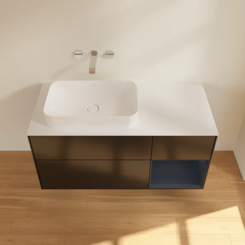 Bild von VILLEROY BOCH Finion Waschbeckenunterschrank, mit Beleuchtung, 3 Auszüge, 1200 x 603 x 501 mm, Black Matt Lacquer / Midnight Blue Matt Lacquer / Glass White Matt #F691HGPD