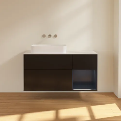 Bild von VILLEROY BOCH Finion Waschbeckenunterschrank, mit Beleuchtung, 3 Auszüge, 1200 x 603 x 501 mm, Black Matt Lacquer / Midnight Blue Matt Lacquer / Glass White Matt #F691HGPD