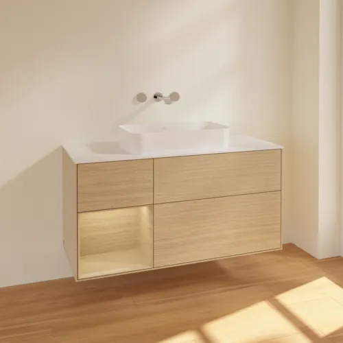 VILLEROY BOCH Finion Waschbeckenunterschrank, mit Beleuchtung, 3 Auszüge, 1200 x 603 x 501 mm, Oak Veneer / Oak Veneer / Glass White Matt #F701PCPC, Bild 2