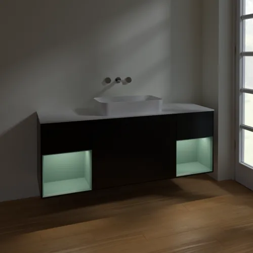 Bild von VILLEROY BOCH Finion Waschbeckenunterschrank, mit Beleuchtung, 4 Auszüge, 1600 x 603 x 501 mm, Black Matt Lacquer / Olive Matt Lacquer / Glass White Matt #F741GMPD