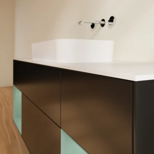 Bild von VILLEROY BOCH Finion Waschbeckenunterschrank, mit Beleuchtung, 4 Auszüge, 1600 x 603 x 501 mm, Black Matt Lacquer / Olive Matt Lacquer / Glass White Matt #F741GMPD