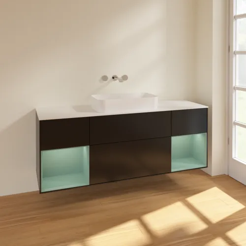 Bild von VILLEROY BOCH Finion Waschbeckenunterschrank, mit Beleuchtung, 4 Auszüge, 1600 x 603 x 501 mm, Black Matt Lacquer / Olive Matt Lacquer / Glass White Matt #F741GMPD