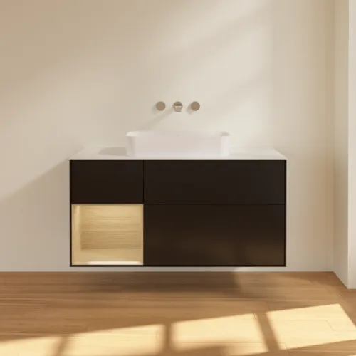 Bild von VILLEROY BOCH Finion Waschbeckenunterschrank, mit Beleuchtung, 3 Auszüge, 1200 x 603 x 501 mm, Black Matt Lacquer / Oak Veneer / Glass White Matt #F701PCPD