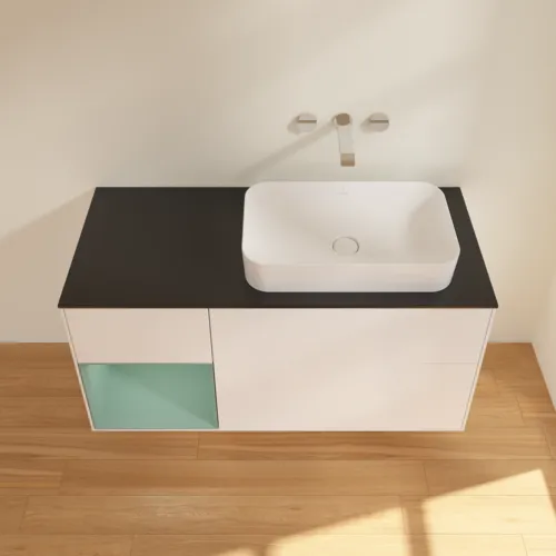 Bild von VILLEROY BOCH Finion Waschbeckenunterschrank, mit Beleuchtung, 3 Auszüge, 1200 x 603 x 501 mm, White Matt Lacquer / Olive Matt Lacquer / Glass Black Matt #F682GMMT