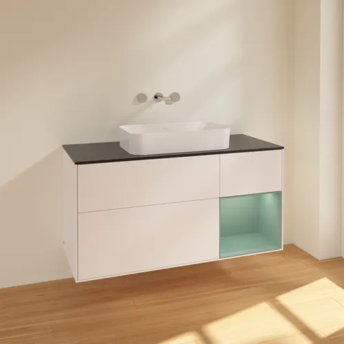 Bild von VILLEROY BOCH Finion Waschbeckenunterschrank, mit Beleuchtung, 3 Auszüge, 1200 x 603 x 501 mm, White Matt Lacquer / Olive Matt Lacquer / Glass Black Matt #F712GMMT