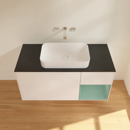 Bild von VILLEROY BOCH Finion Waschbeckenunterschrank, mit Beleuchtung, 3 Auszüge, 1200 x 603 x 501 mm, White Matt Lacquer / Olive Matt Lacquer / Glass Black Matt #F712GMMT