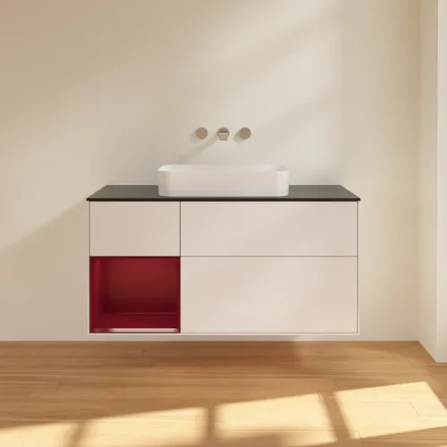 Bild von VILLEROY BOCH Finion Waschbeckenunterschrank, mit Beleuchtung, 3 Auszüge, 1200 x 603 x 501 mm, Glossy White Lacquer / Peony Matt Lacquer / Glass Black Matt #F702HBGF
