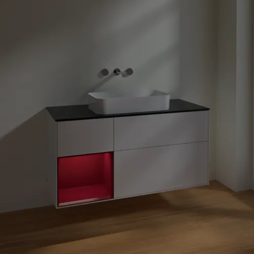 Bild von VILLEROY BOCH Finion Waschbeckenunterschrank, mit Beleuchtung, 3 Auszüge, 1200 x 603 x 501 mm, Glossy White Lacquer / Peony Matt Lacquer / Glass Black Matt #F702HBGF