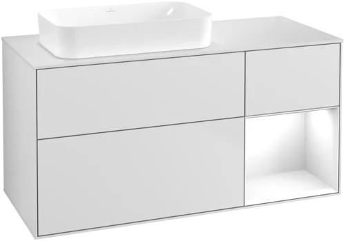 Obrázek VILLEROY BOCH Umyvadlová skříňka Finion, s osvětlením, 3 výsuvy, 1200 x 603 x 501 mm, bílý matný lak / bílý lesklý lak / bílé matné sklo #F691GFMT
