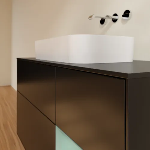 Bild von VILLEROY BOCH Finion Waschbeckenunterschrank, mit Beleuchtung, 3 Auszüge, 1200 x 603 x 501 mm, Black Matt Lacquer / Olive Matt Lacquer / Glass Black Matt #F712GMPD