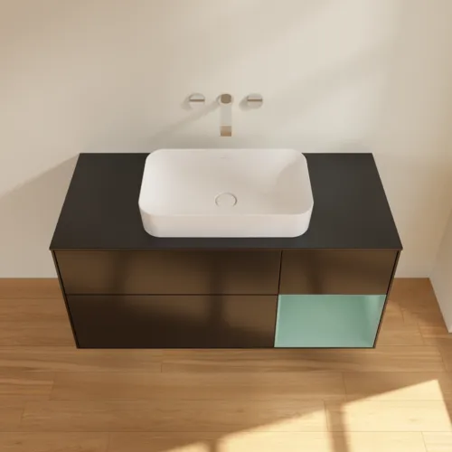 Bild von VILLEROY BOCH Finion Waschbeckenunterschrank, mit Beleuchtung, 3 Auszüge, 1200 x 603 x 501 mm, Black Matt Lacquer / Olive Matt Lacquer / Glass Black Matt #F712GMPD