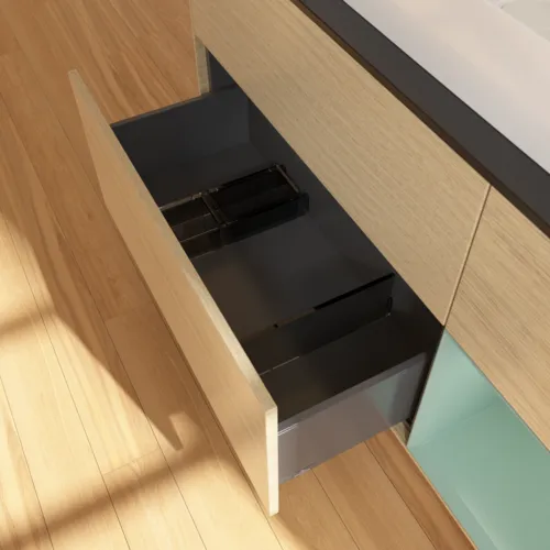 VILLEROY BOCH Finion Waschbeckenunterschrank, mit Beleuchtung, 3 Auszüge, 1200 x 603 x 501 mm, Oak Veneer / Olive Matt Lacquer / Glass Black Matt #F712GMPC, Bild 5