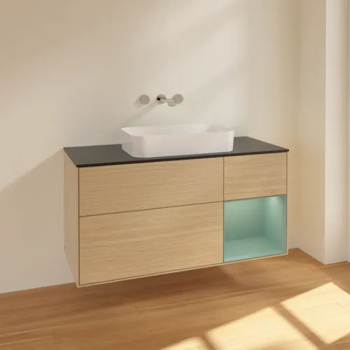 VILLEROY BOCH Finion Waschbeckenunterschrank, mit Beleuchtung, 3 Auszüge, 1200 x 603 x 501 mm, Oak Veneer / Olive Matt Lacquer / Glass Black Matt #F712GMPC, Bild 2