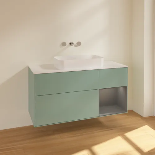 Bild von VILLEROY BOCH Finion Waschbeckenunterschrank, mit Beleuchtung, 3 Auszüge, 1200 x 603 x 501 mm, Olive Matt Lacquer / Anthracite Matt Lacquer / Glass White Matt #F711GKGM