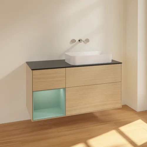 Picture of VILLEROY BOCH Finion Vanity unit, with lighting, 3 pull-out compartments, 1200 x 603 x 501 mm, Oak Veneer / Olive Matt Lacquer / Glass Black Matt #F682GMPC
