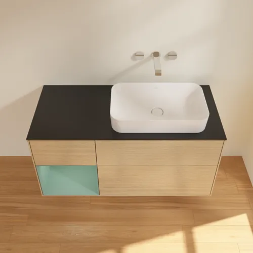 Picture of VILLEROY BOCH Finion Vanity unit, with lighting, 3 pull-out compartments, 1200 x 603 x 501 mm, Oak Veneer / Olive Matt Lacquer / Glass Black Matt #F682GMPC