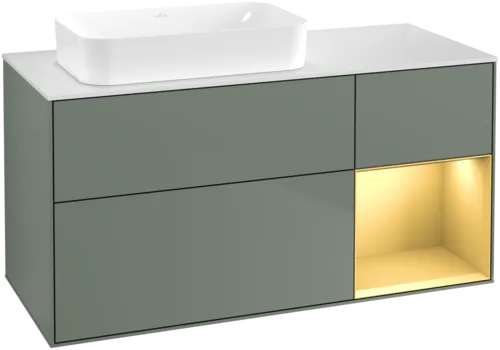 εικόνα του VILLEROY BOCH Finion Vanity unit, with lighting, 3 pull-out compartments, 1200 x 603 x 501 mm, Olive Matt Lacquer / Gold Matt Lacquer / Glass White Matt #F691HFGM