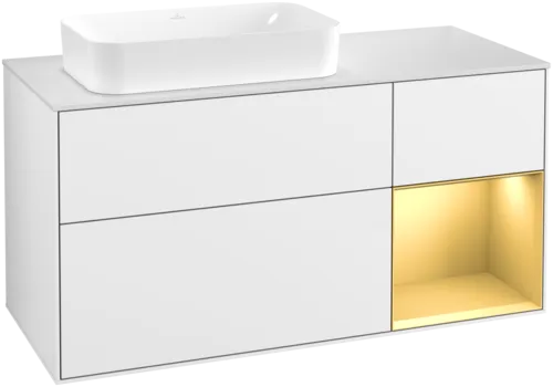 εικόνα του VILLEROY BOCH Finion Vanity unit, with lighting, 3 pull-out compartments, 1200 x 603 x 501 mm, Glossy White Lacquer / Gold Matt Lacquer / Glass White Matt #F691HFGF