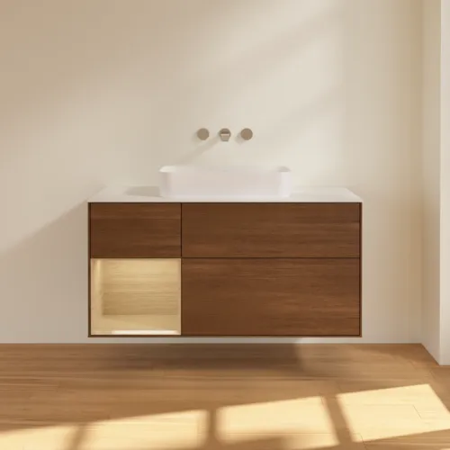 VILLEROY BOCH Finion Waschbeckenunterschrank, mit Beleuchtung, 3 Auszüge, 1200 x 603 x 501 mm, Walnut Veneer / Oak Veneer / Glass White Matt #F701PCGN, Bild 2