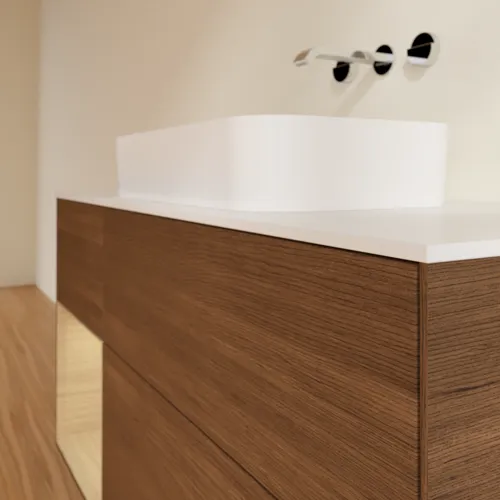 VILLEROY BOCH Finion Waschbeckenunterschrank, mit Beleuchtung, 3 Auszüge, 1200 x 603 x 501 mm, Walnut Veneer / Oak Veneer / Glass White Matt #F701PCGN, Bild 4