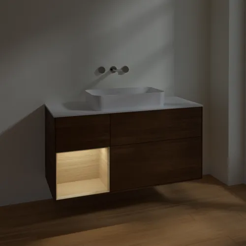 VILLEROY BOCH Finion Waschbeckenunterschrank, mit Beleuchtung, 3 Auszüge, 1200 x 603 x 501 mm, Walnut Veneer / Oak Veneer / Glass White Matt #F701PCGN, Bild 3