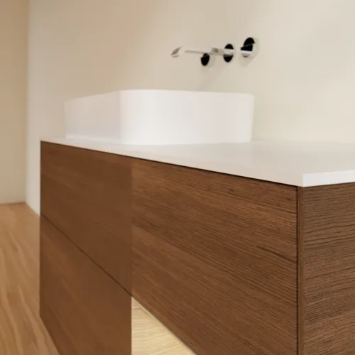 VILLEROY BOCH Finion Waschbeckenunterschrank, mit Beleuchtung, 3 Auszüge, 1200 x 603 x 501 mm, Walnut Veneer / Oak Veneer / Glass White Matt #F691PCGN, Bild 4