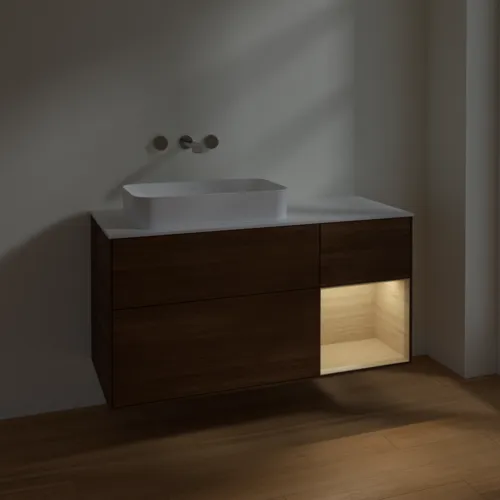 VILLEROY BOCH Finion Waschbeckenunterschrank, mit Beleuchtung, 3 Auszüge, 1200 x 603 x 501 mm, Walnut Veneer / Oak Veneer / Glass White Matt #F691PCGN, Bild 3