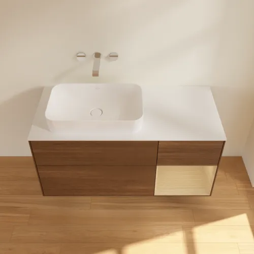 VILLEROY BOCH Finion Waschbeckenunterschrank, mit Beleuchtung, 3 Auszüge, 1200 x 603 x 501 mm, Walnut Veneer / Oak Veneer / Glass White Matt #F691PCGN, Bild 2