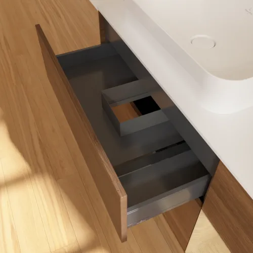 VILLEROY BOCH Finion Waschbeckenunterschrank, mit Beleuchtung, 3 Auszüge, 1200 x 603 x 501 mm, Walnut Veneer / Oak Veneer / Glass White Matt #F691PCGN, Bild 5